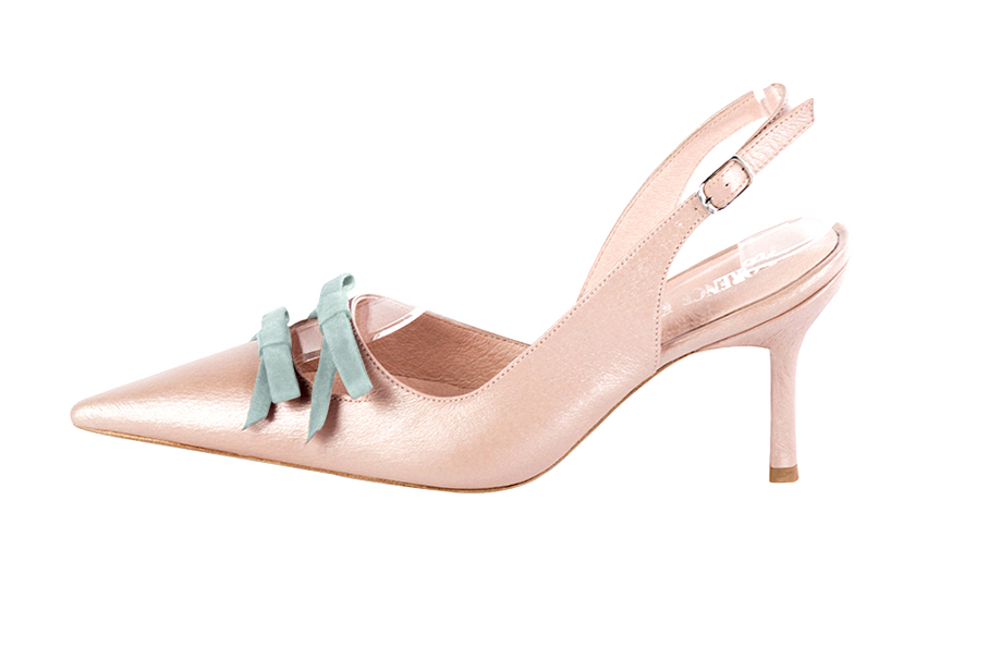 Women's powder pink and aquamarine blue elegant slingback heels, with a bow on the front. Pointed toe. High slim heel - Profile view